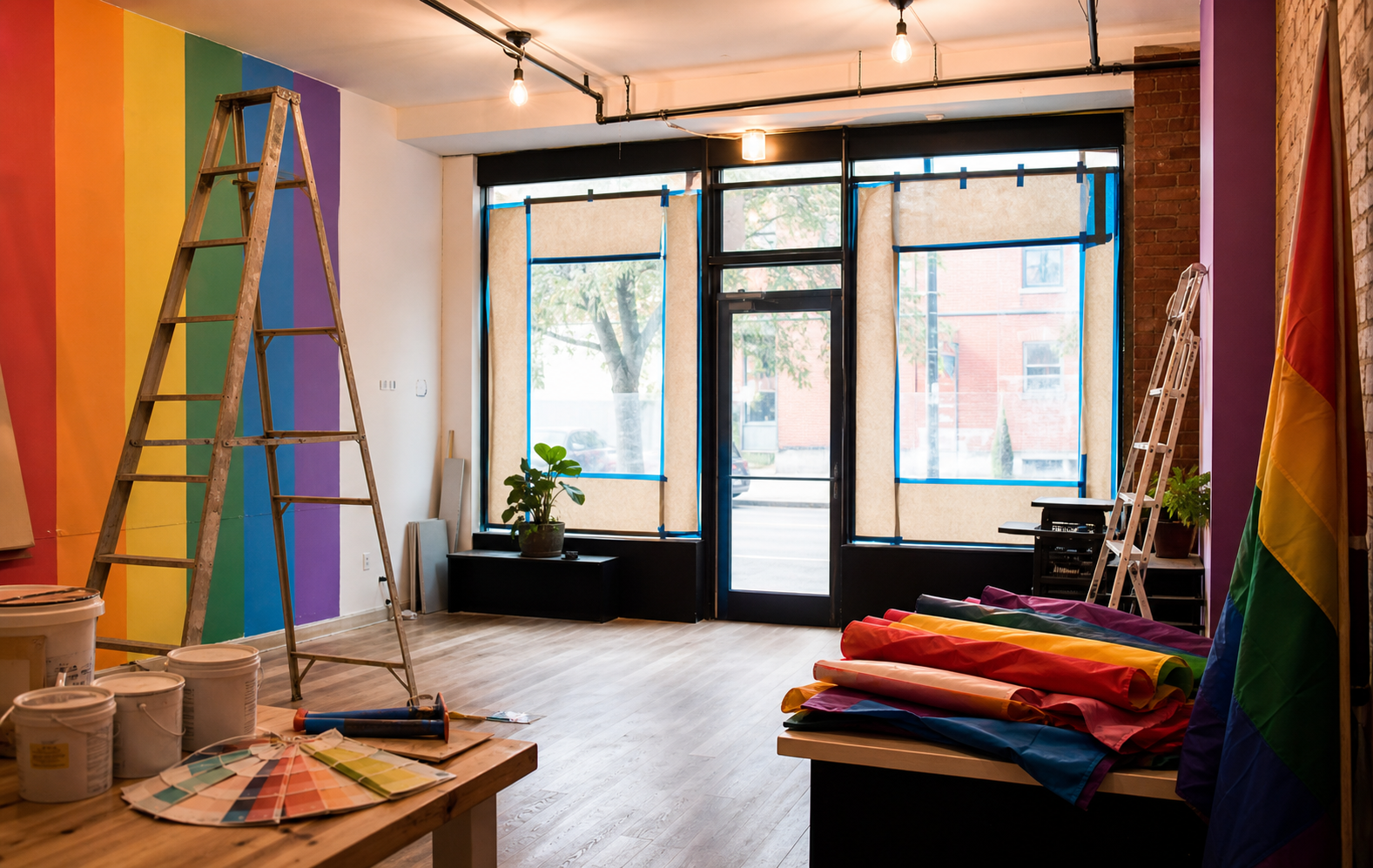 A colorful LGBT+ community storefront being prepared with Pride materials and construction lights
