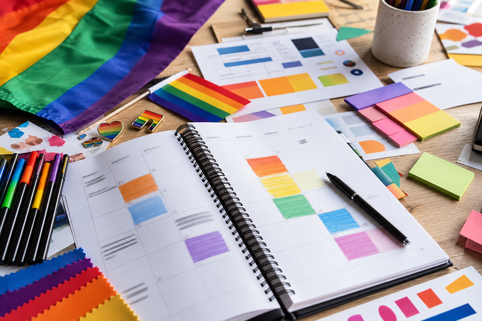 Pride event planning materials, color swatches, pins, and small flags arranged on a studio table